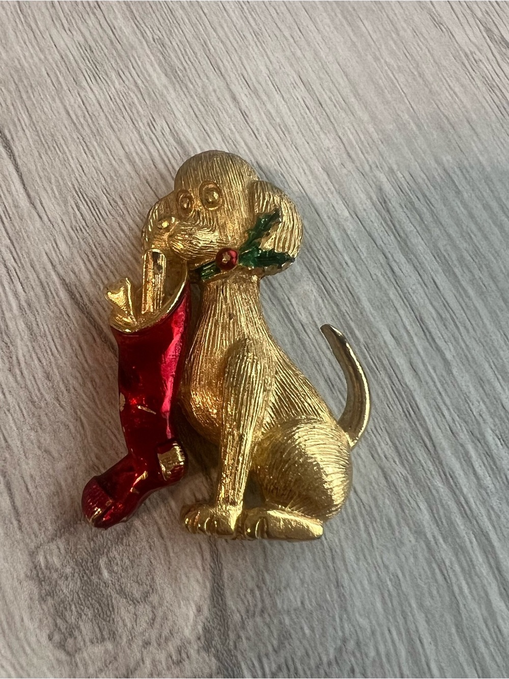 Signed Vintage Gerry’s Christmas Puppy with Stocking Pin Brooch